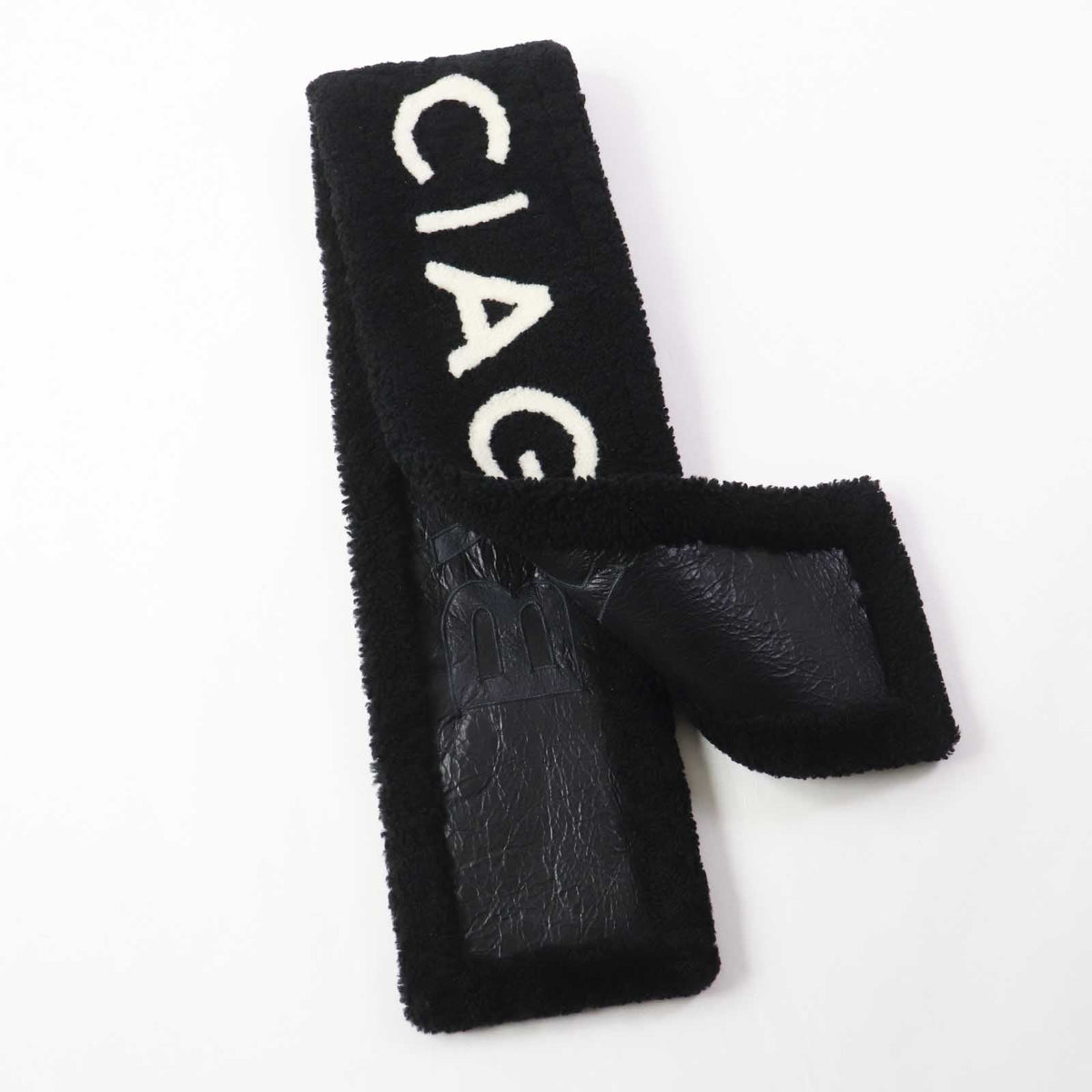 balenciaga Lamb Fur Logo Scarf Black White