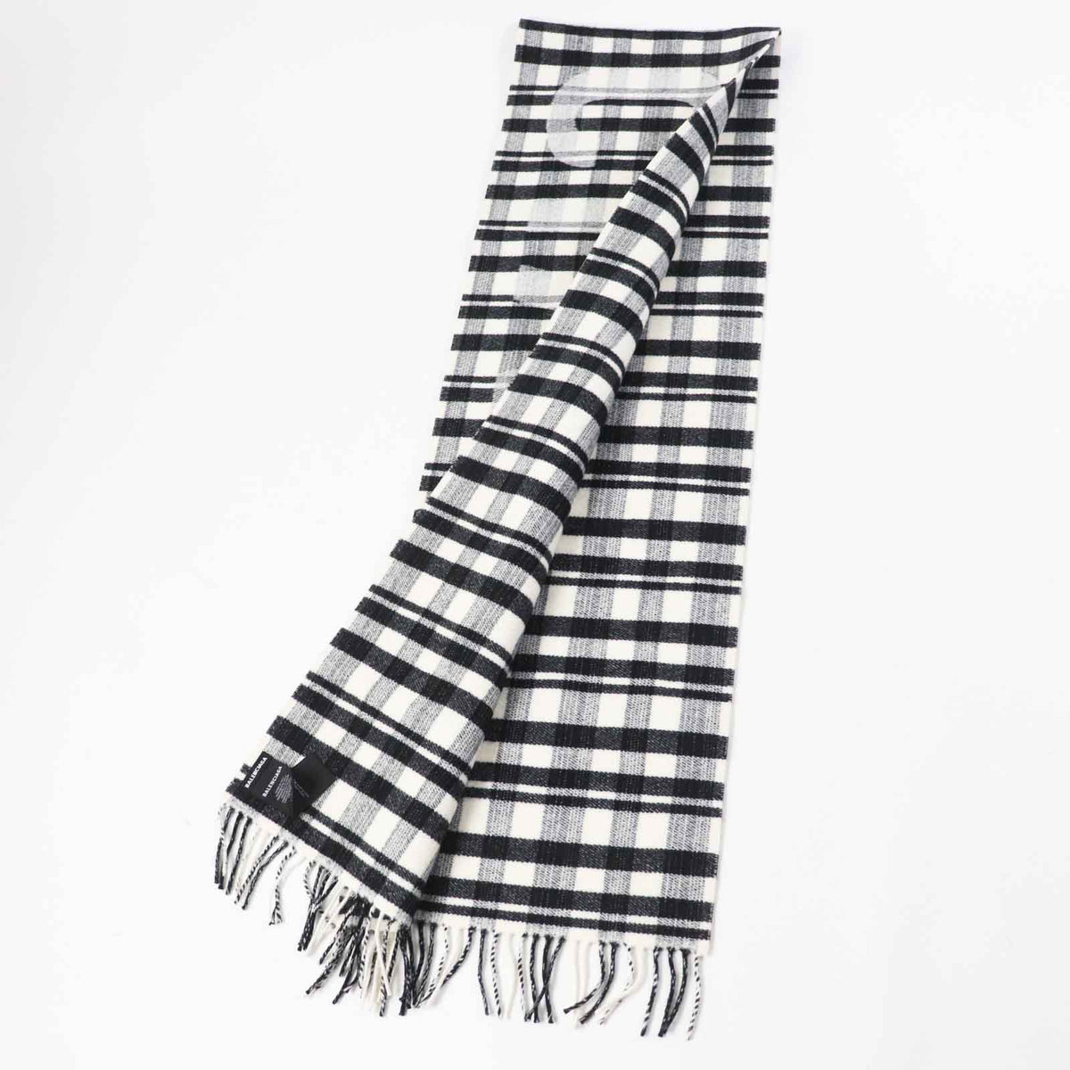 balenciaga Wool Logo Check Scarf with Fringe