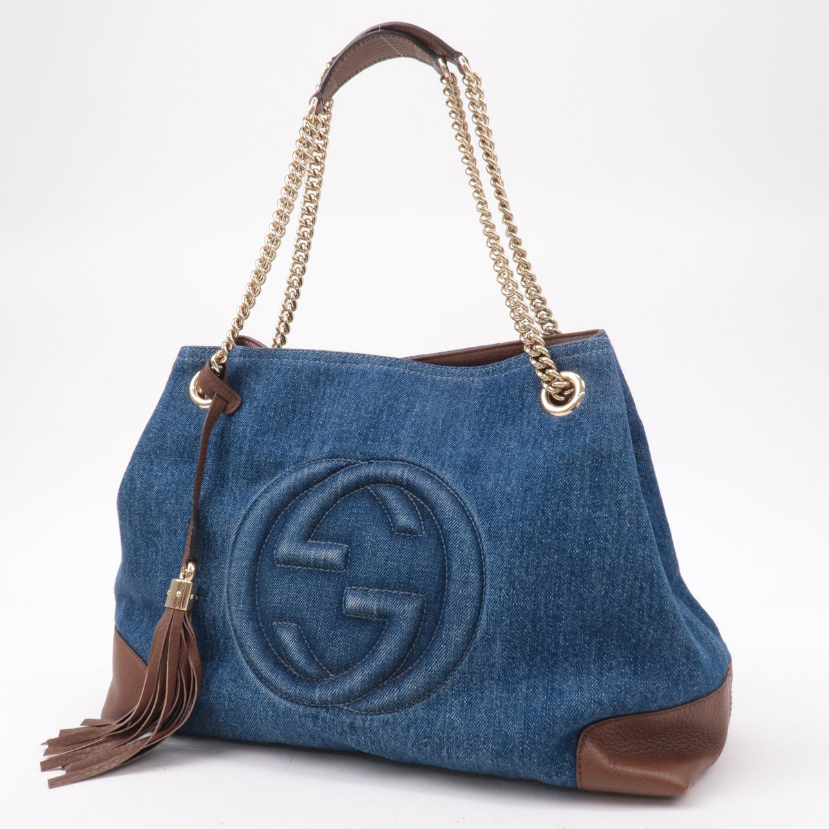 GUCCI SOHO Denim Leather Chain Shoulder Bag Blue Brown 308982