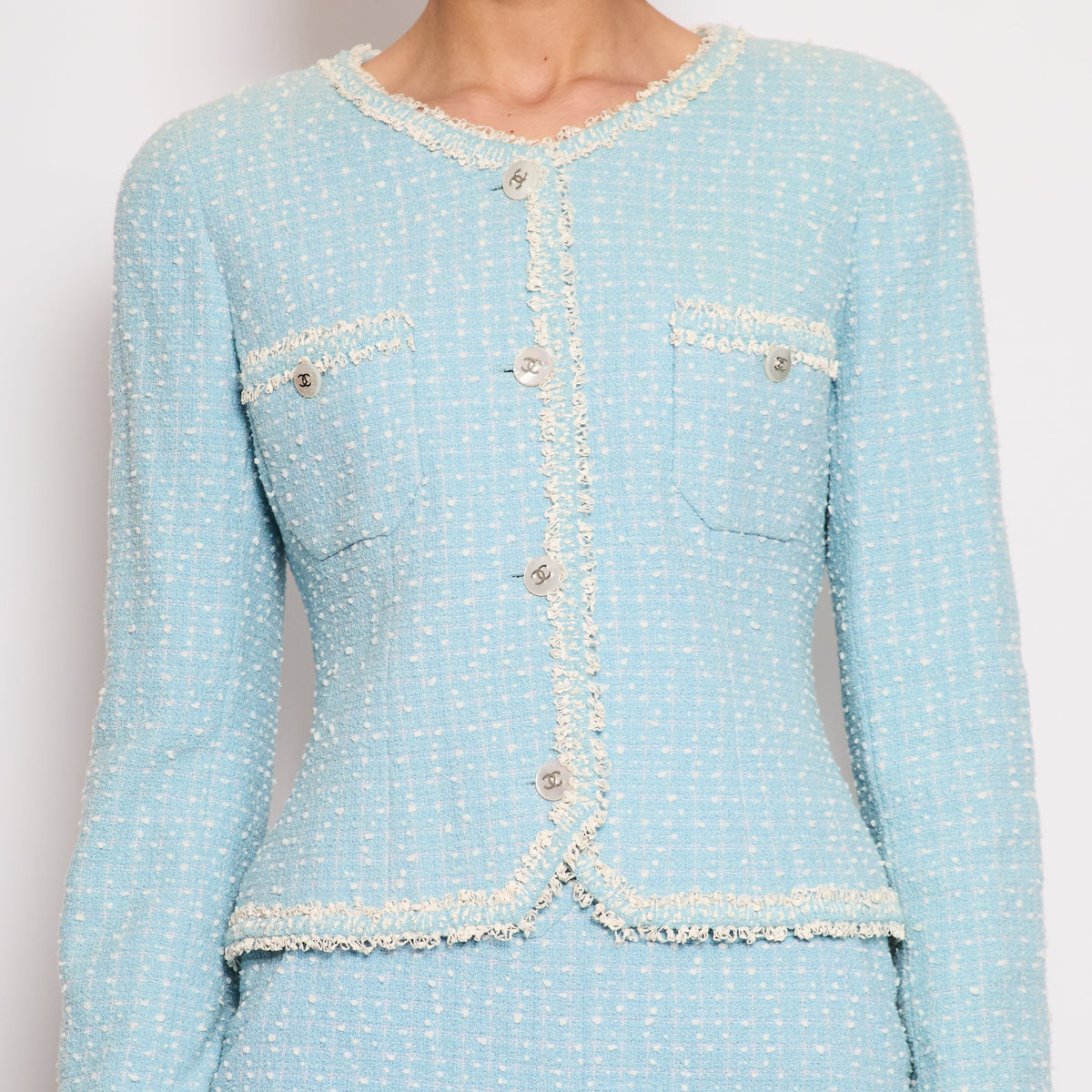 Chanel 97P Baby Blue & White Tweed Blazer and Mini Skirt Set with White Pearl CC Button Detail Size FR 40 (UK 12)