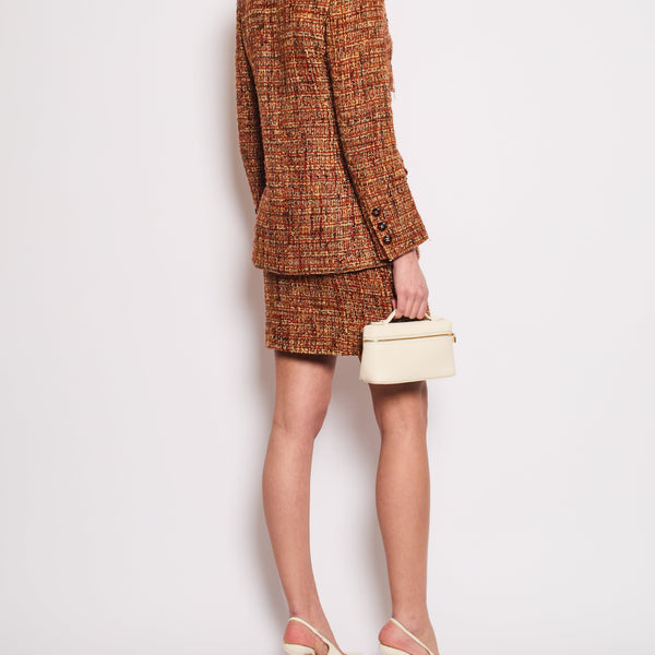 *HOT* Chanel 98A Vintage Burnt Orange & Multicolour Tweed Long Jacket and Skirt Set with Brown CC Logo Buttons Size FR 36 (UK 8)