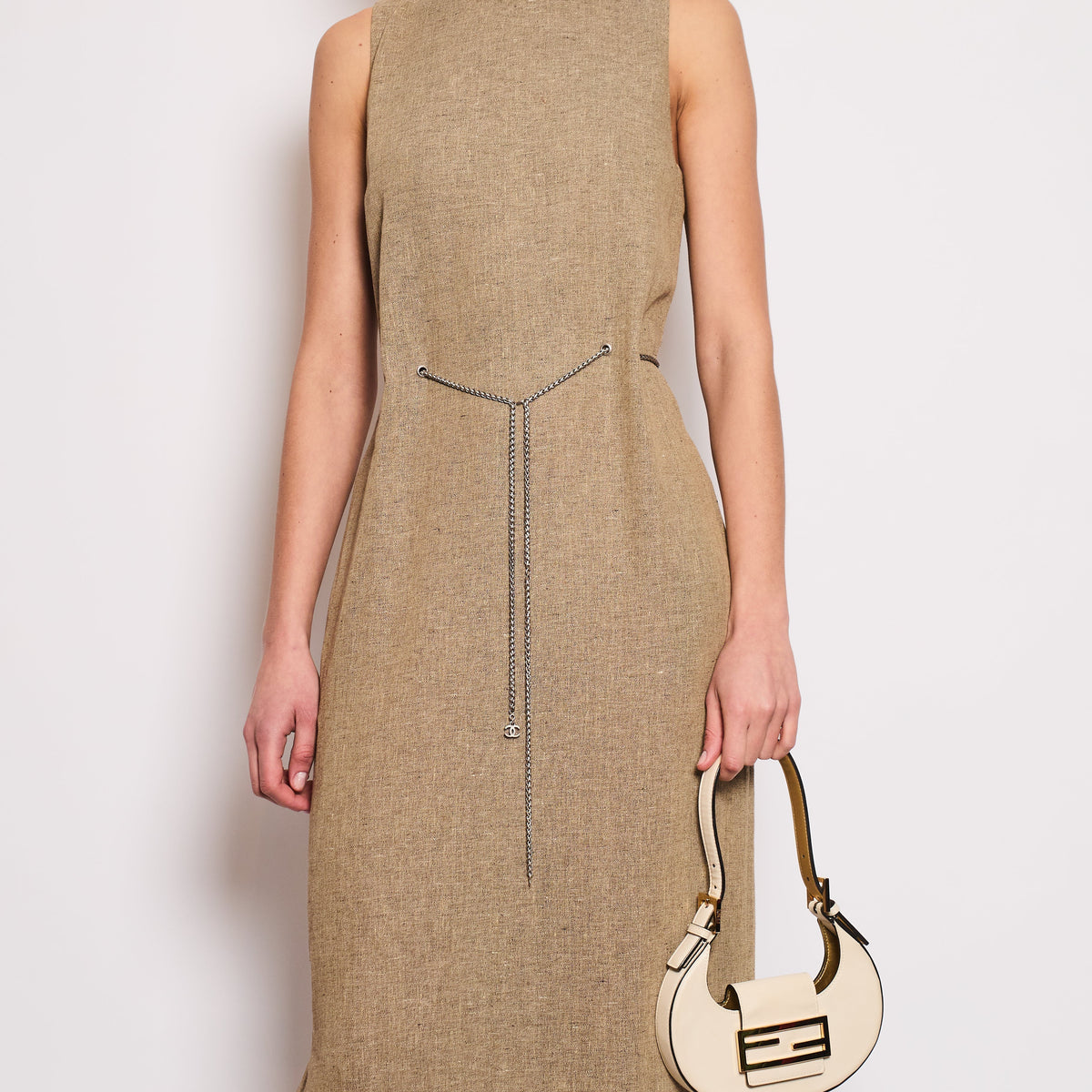 Chanel 08P Beige Sleeveless Linen Maxi Dress with Silver CC Logo Chain Detail FR 40 (UK 12)