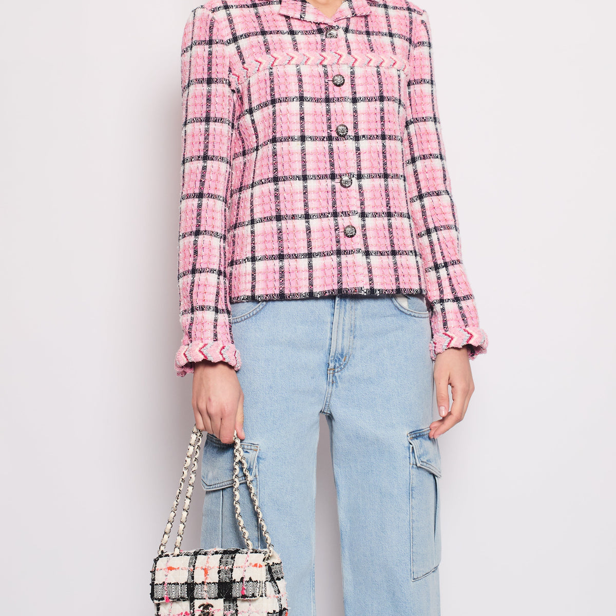 Chanel 24/S Pink Checkered Tweed Jacket with CC Diamante Buttons Size FR 40 UK 12)