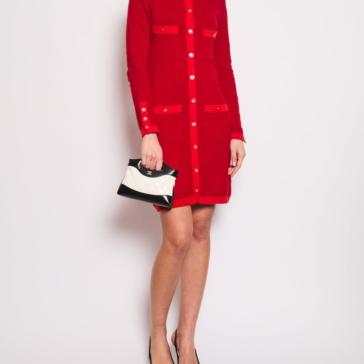 *HOT* Chanel Red Long Sleeve Knit Mini Dress with Multi Icon Logo Button Details FR 38 (UK 10)