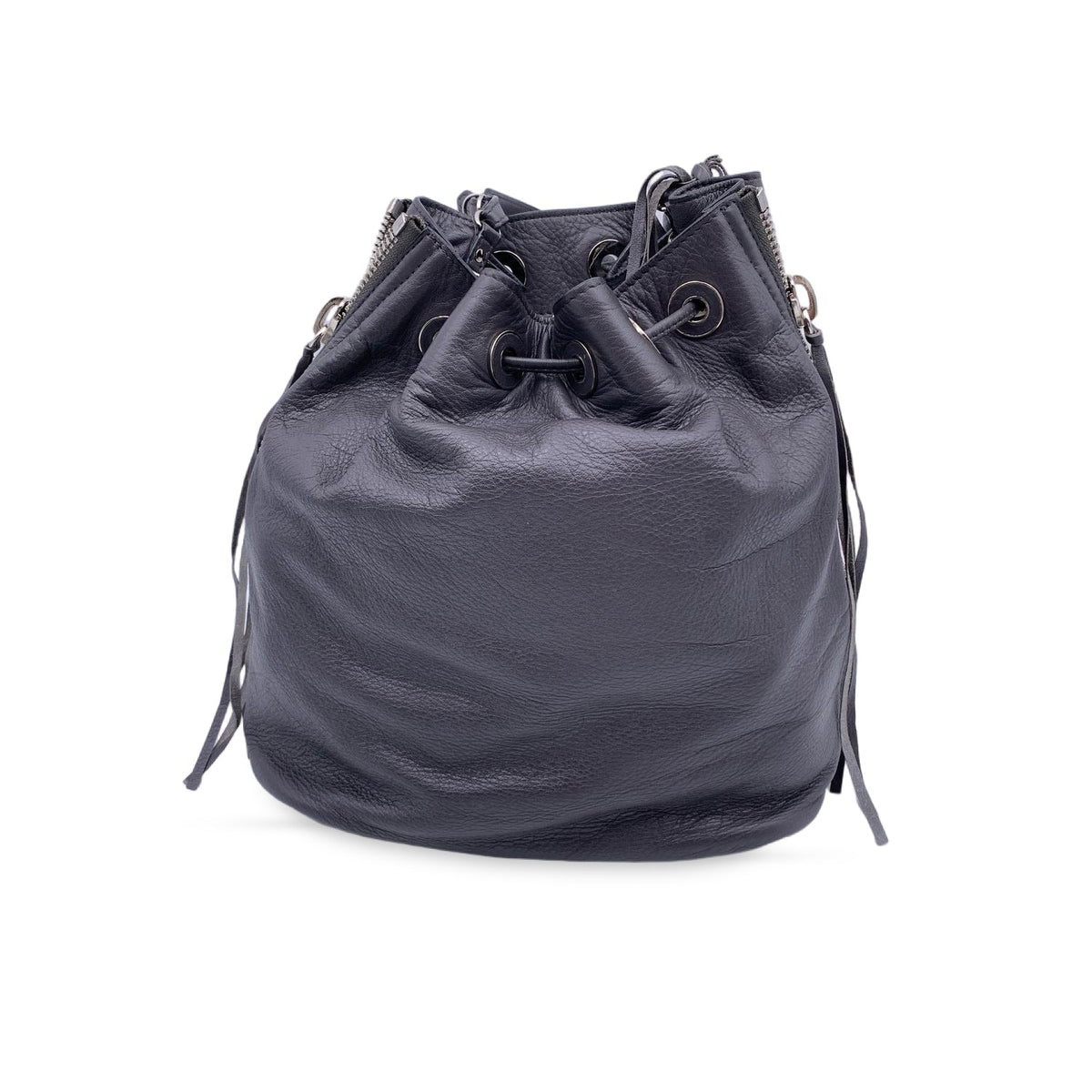 balenciaga Grey Leather Papier Plate Bucket Drawstring Bag