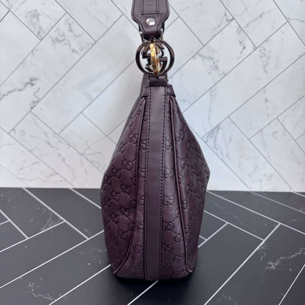 Gucci Maroon GG Leather Shoulder Hobo Bag