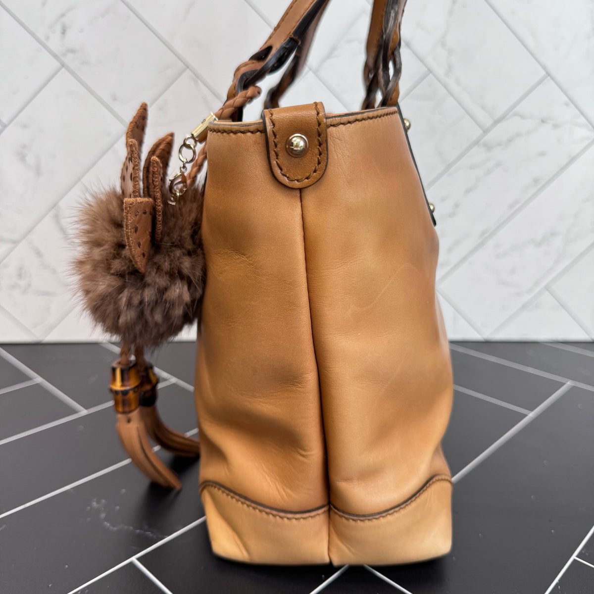 Gucci Tan Leather Craft Bag with Fur Pouch