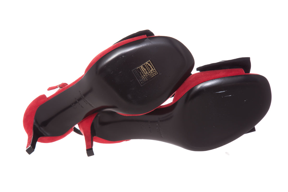 Saint Laurent Red & Black Suede Bow Detail Heels SZ 38