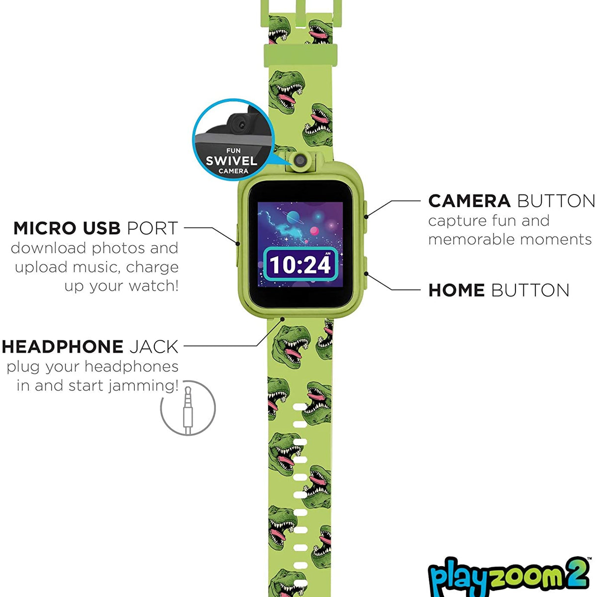 PlayZoom 2 Kids Smartwatch & Earbuds Set: Green Dinosaur Print