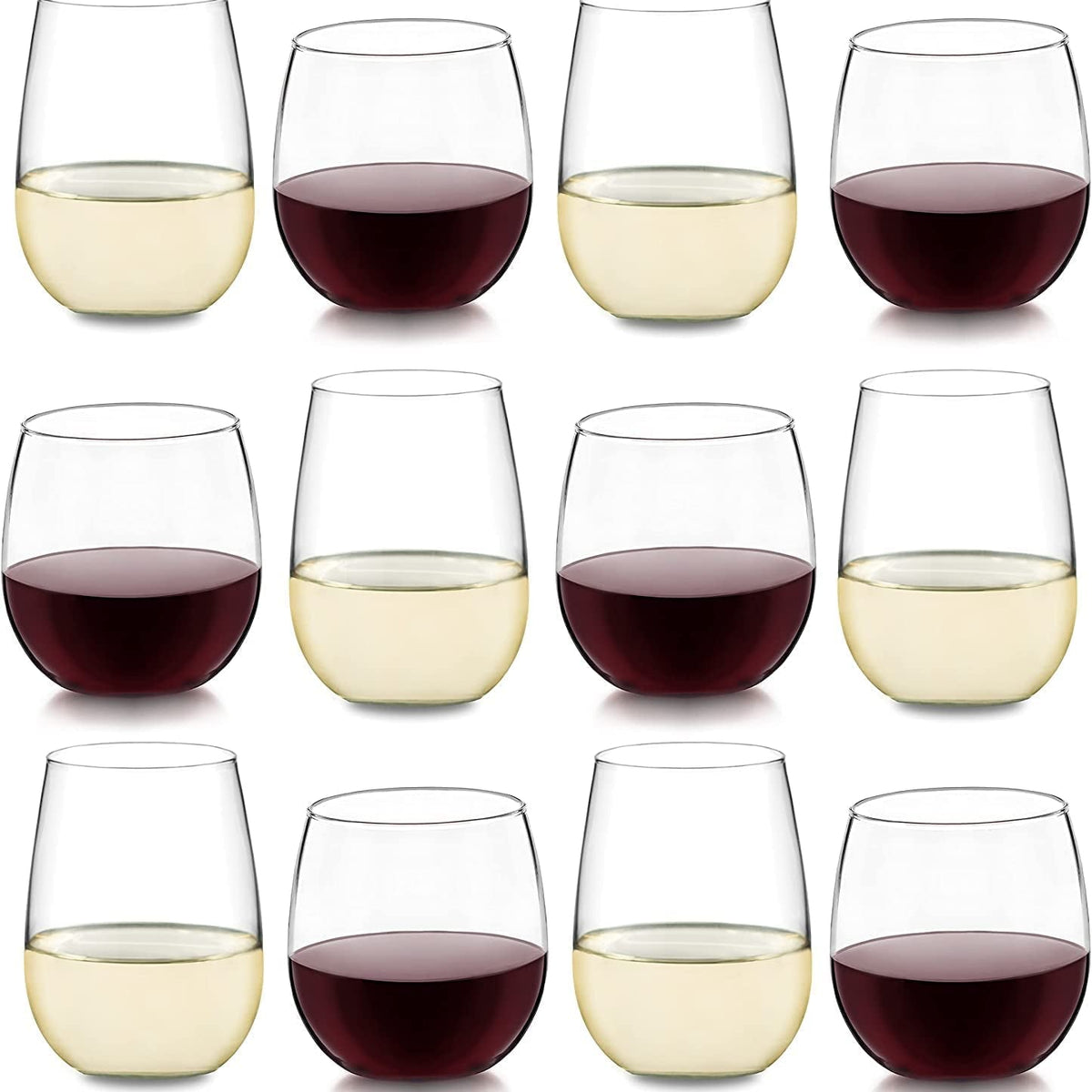 Stemless 12-Piece Wine Glass Party Set for Red and White Wines