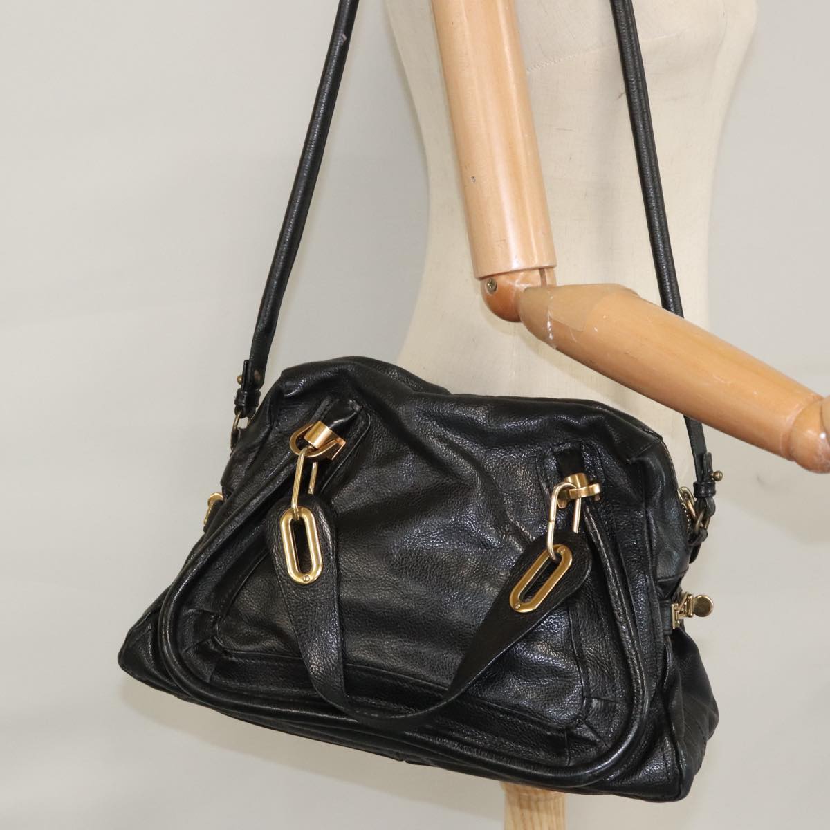 Chloe Paraty Hand Bag Leather 2way Black Gold 111441