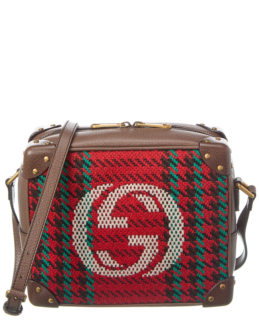 Gucci Houndstooth & Stripe Interlocking G Printed Wool & Leather Shoulder Bag