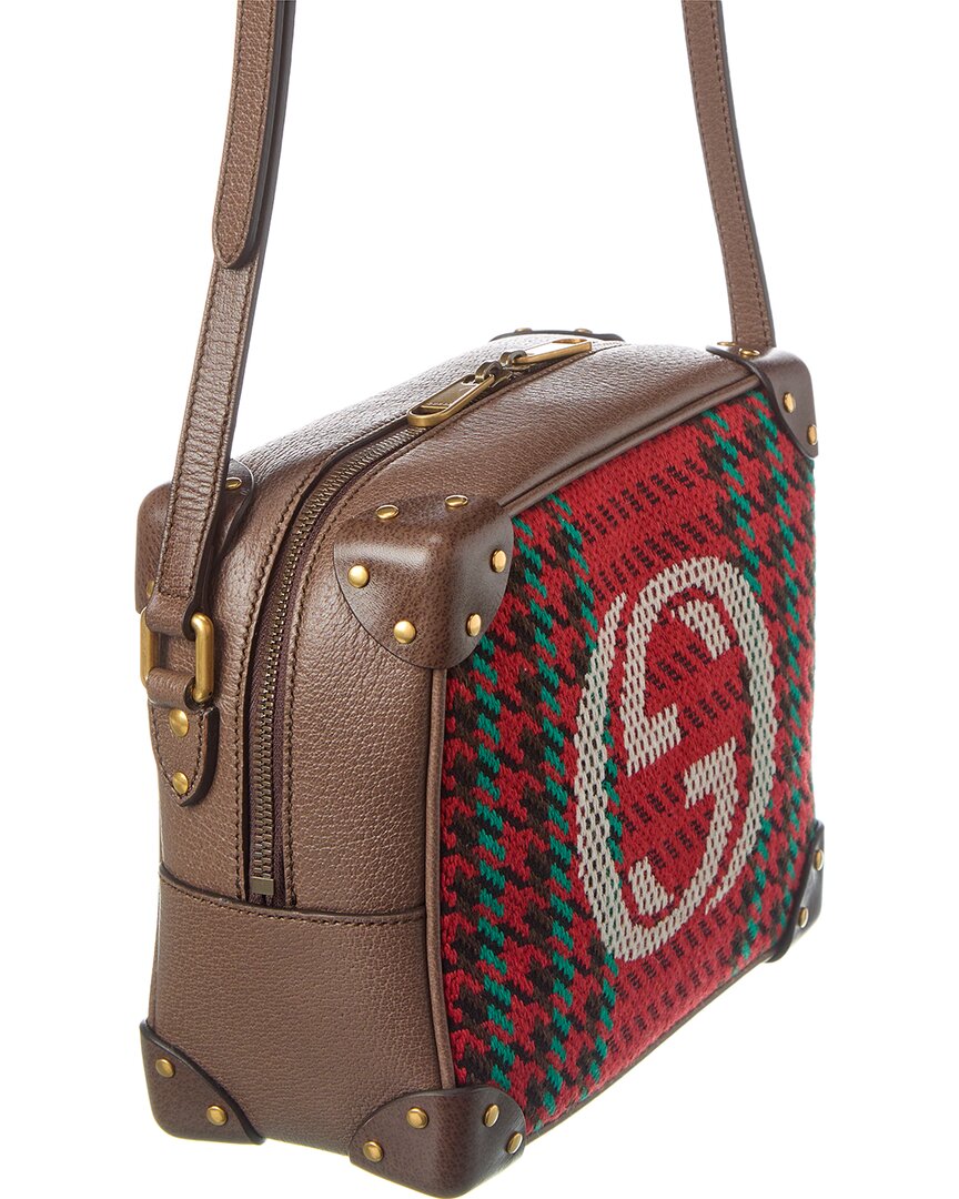 Gucci Houndstooth & Stripe Interlocking G Printed Wool & Leather Shoulder Bag