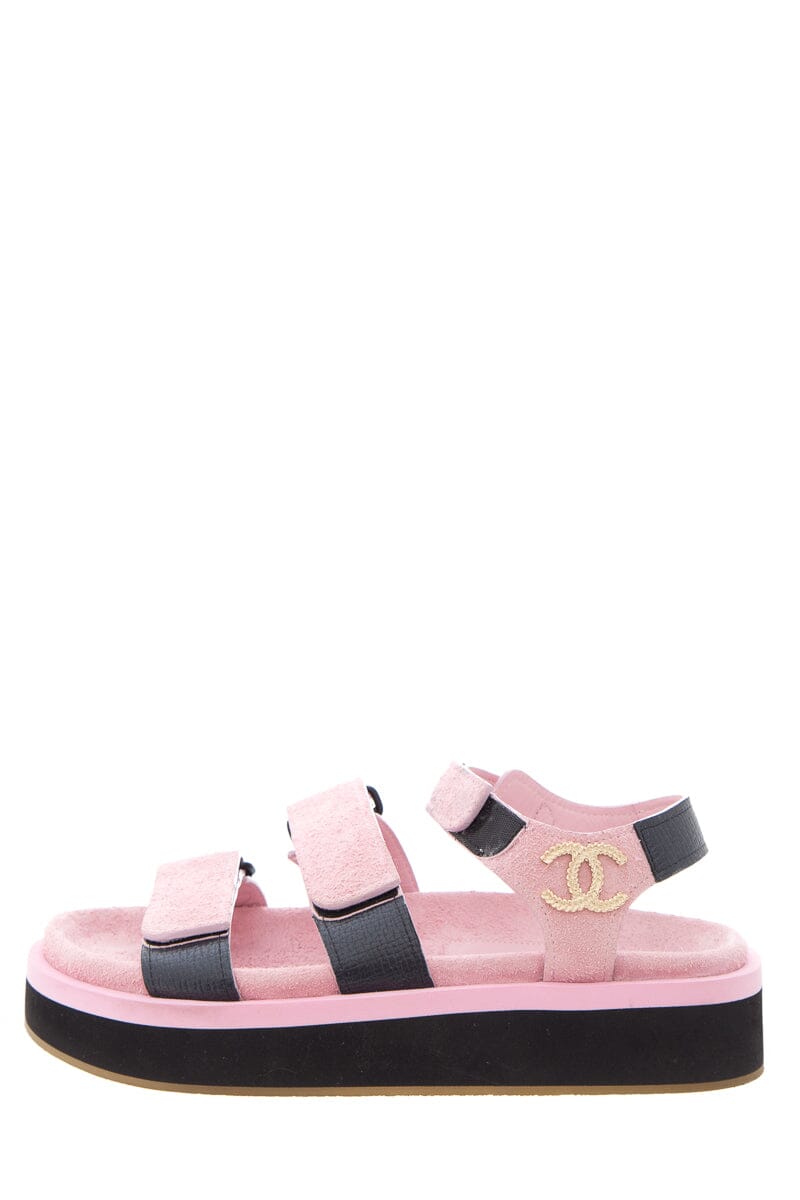 Chanel Pink Suede Calfskin Velcro Sandals SZ 37