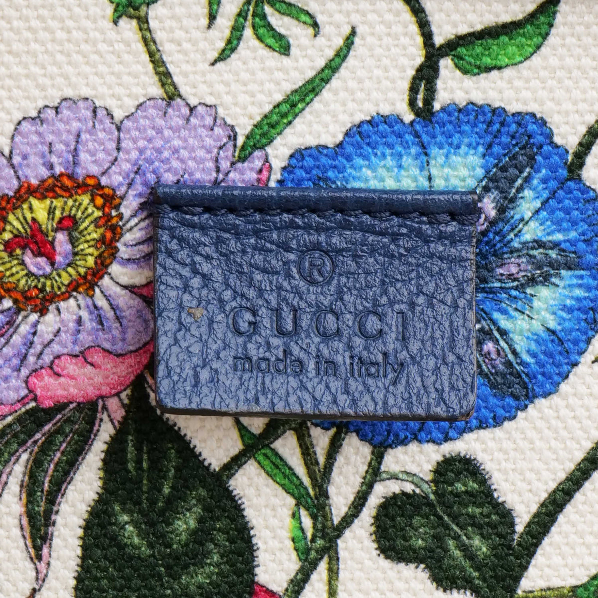 Gucci Floral Canvas Tote with Blue Leather Trim.