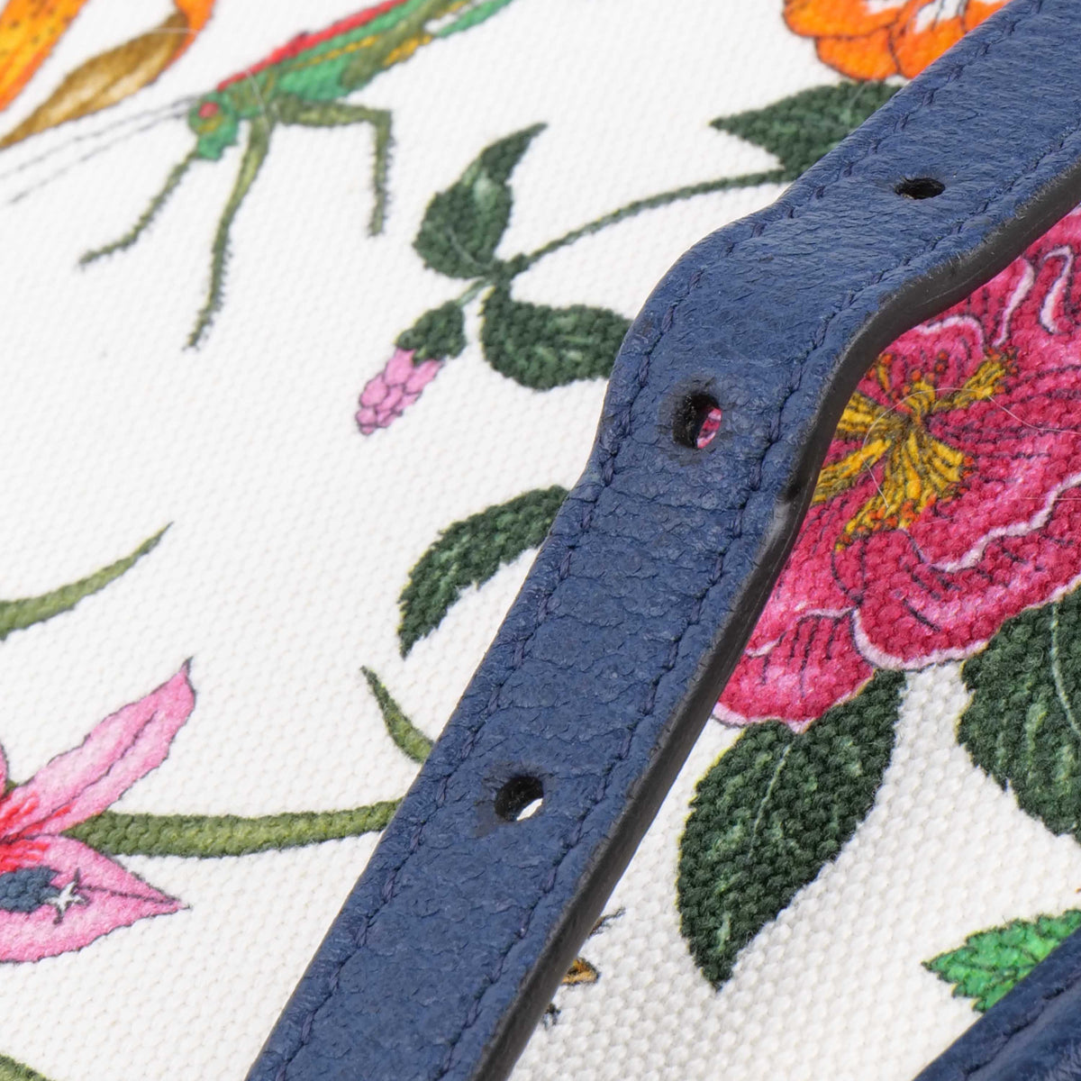 Gucci Floral Canvas Tote with Blue Leather Trim.