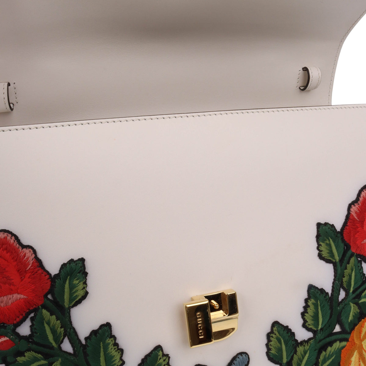 Gucci White Smooth Calfskin Leather Floral Embroidered Medium Sylvie Top Handle Bag