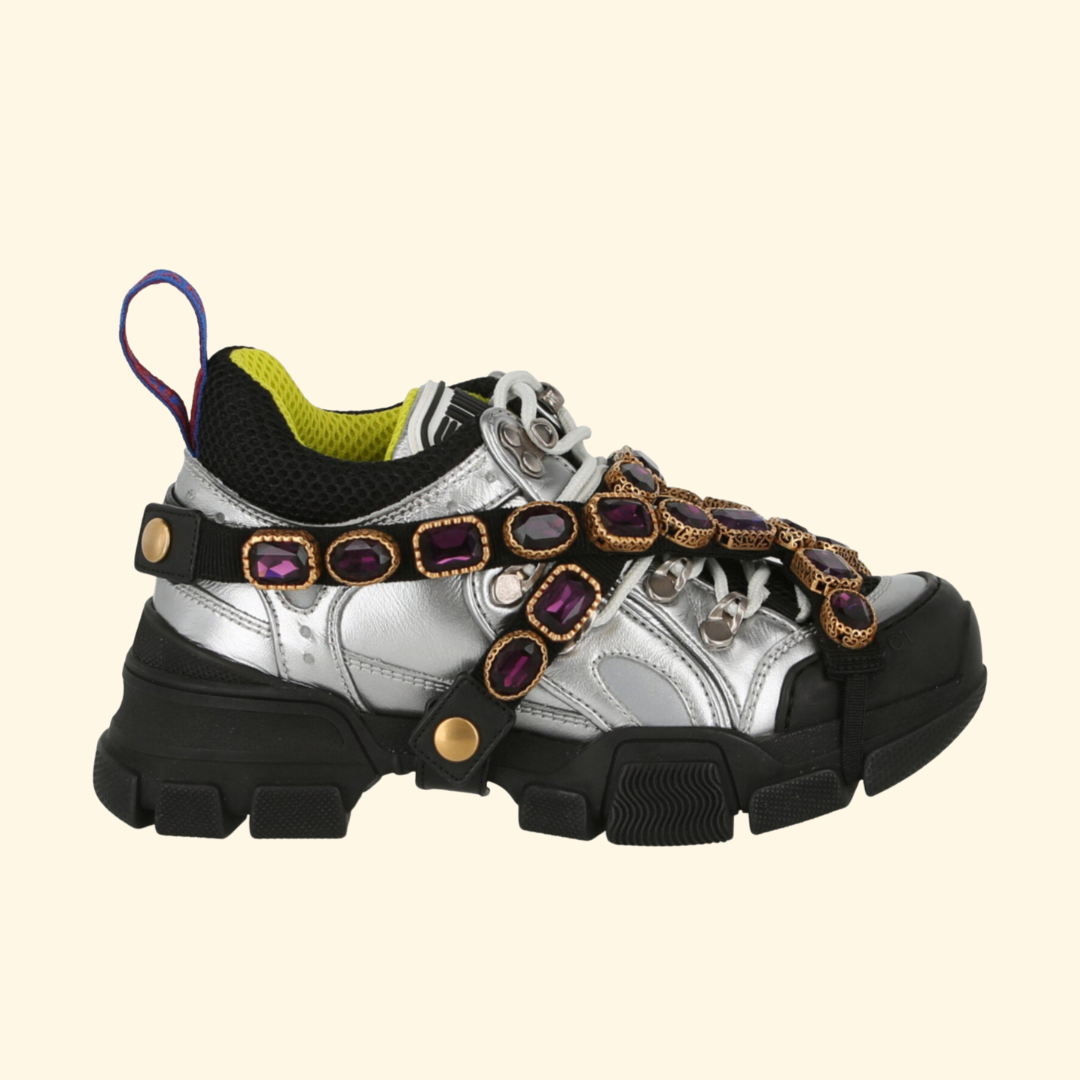 Gucci Flashtrek Chunky Leather Sneakers, Silver, Brand New