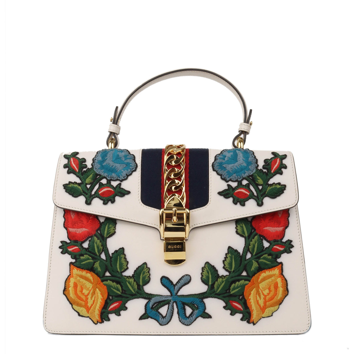 Gucci White Smooth Calfskin Leather Floral Embroidered Medium Sylvie Top Handle Bag