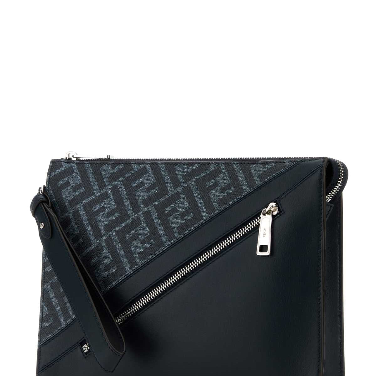 Fendi Men Embroidered Fabric And Leather Clutch