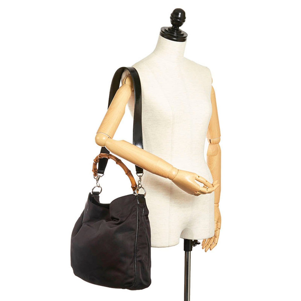 Gucci bamboo shoulder bag 001 1577 black nylon leather ladies GUCCI