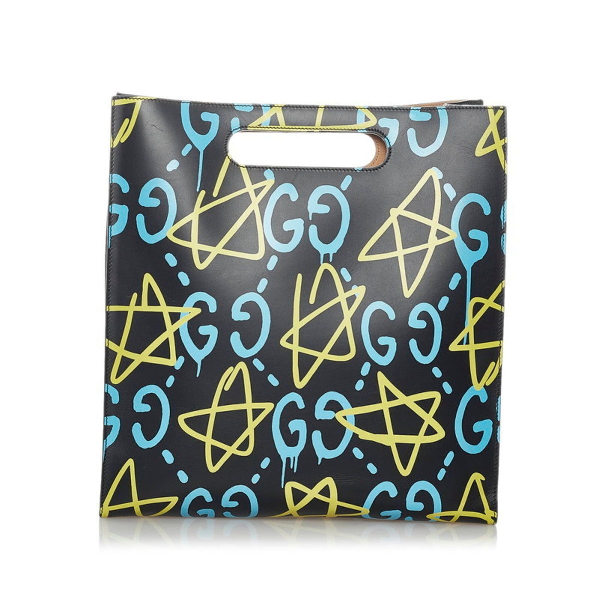 Gucci Ghost Print Star Tote Bag Shoulder 414476 Black Yellow Blue Leather Ladies