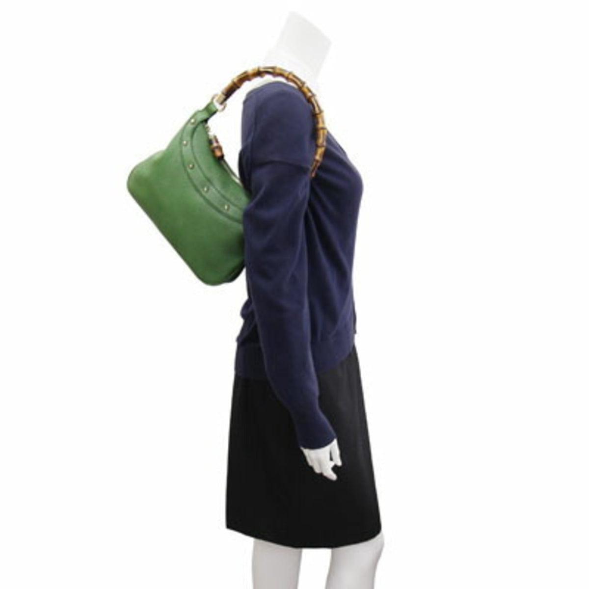 Gucci One Shoulder Bag Bamboo 137378 Green Leather Women's Handbag Studs GUCCI