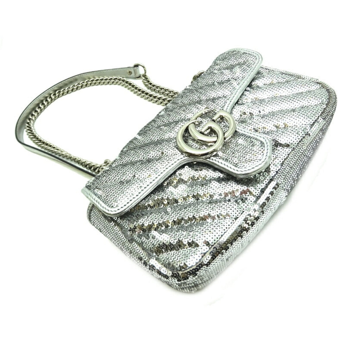 Gucci GG Marmont Mini Sequin Women's Shoulder Bag 446744 Leather Silver