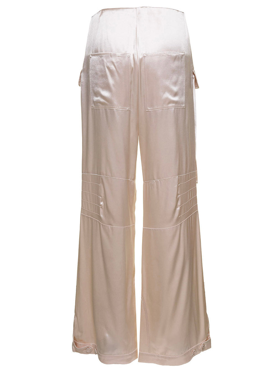 Fendi Women Ivory White Satin Cargo Pants With Ff Baguette Buckles In Viscose Woman
