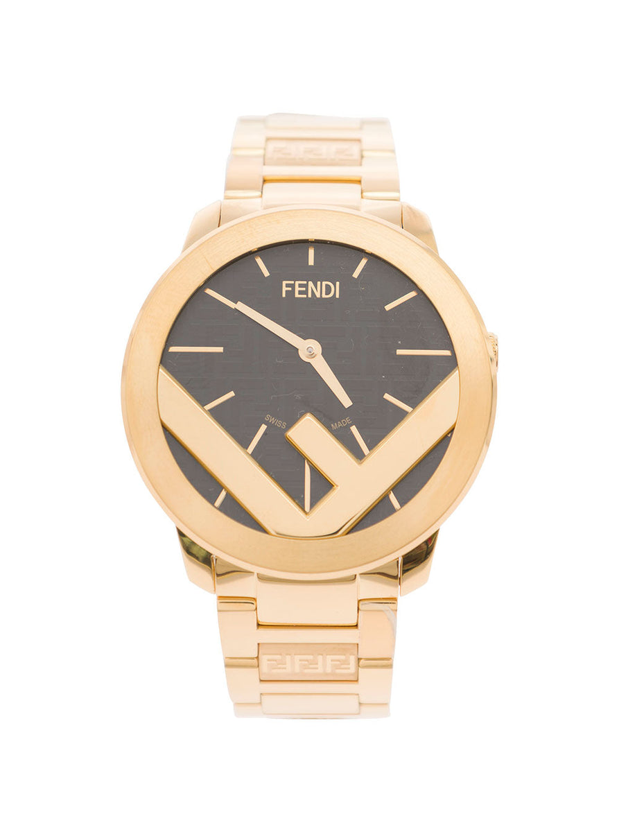Fendi Men Gold-Colored Round Watch With F Insert And Black Ff Print In Stainless Steel Man
