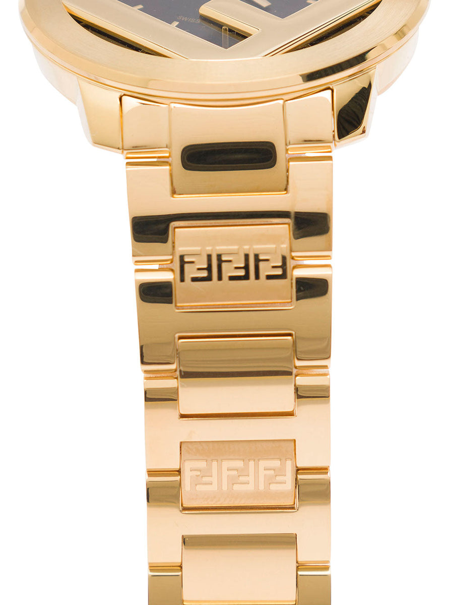 Fendi Men Gold-Colored Round Watch With F Insert And Black Ff Print In Stainless Steel Man