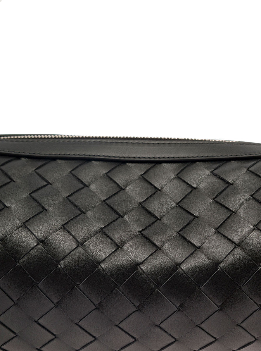 Bottega Veneta Men 'Cannolo' Black Crossbody Bag With Intreccio Motif In Leather Man