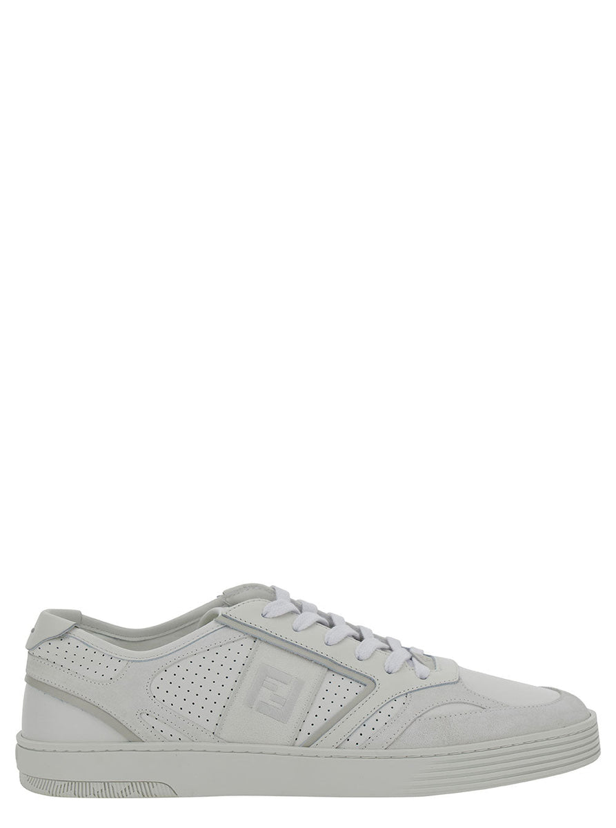 Fendi Men White Low Top Sneakers With Ff Detail And Perforated Design In Leather Man