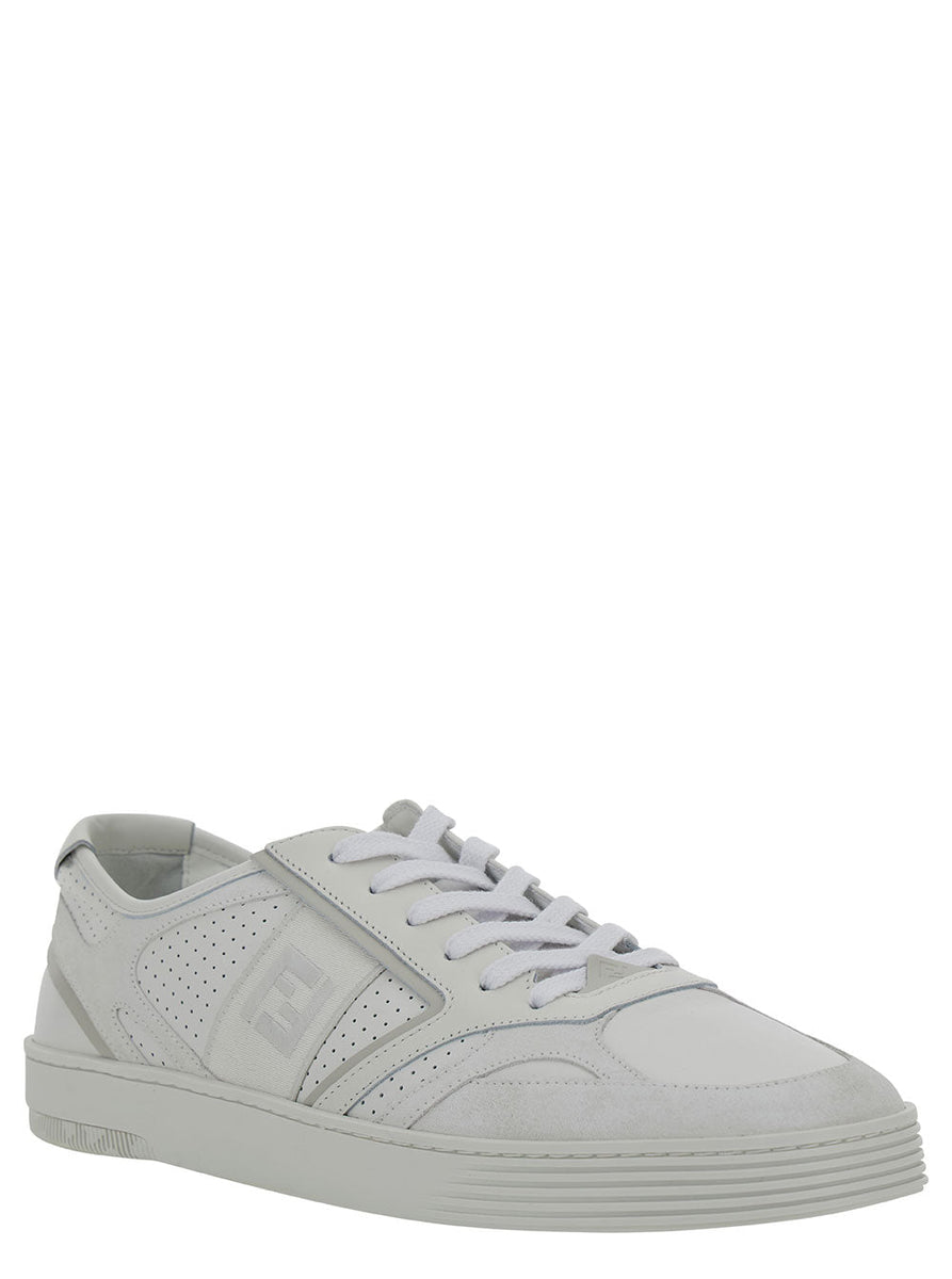 Fendi Men White Low Top Sneakers With Ff Detail And Perforated Design In Leather Man