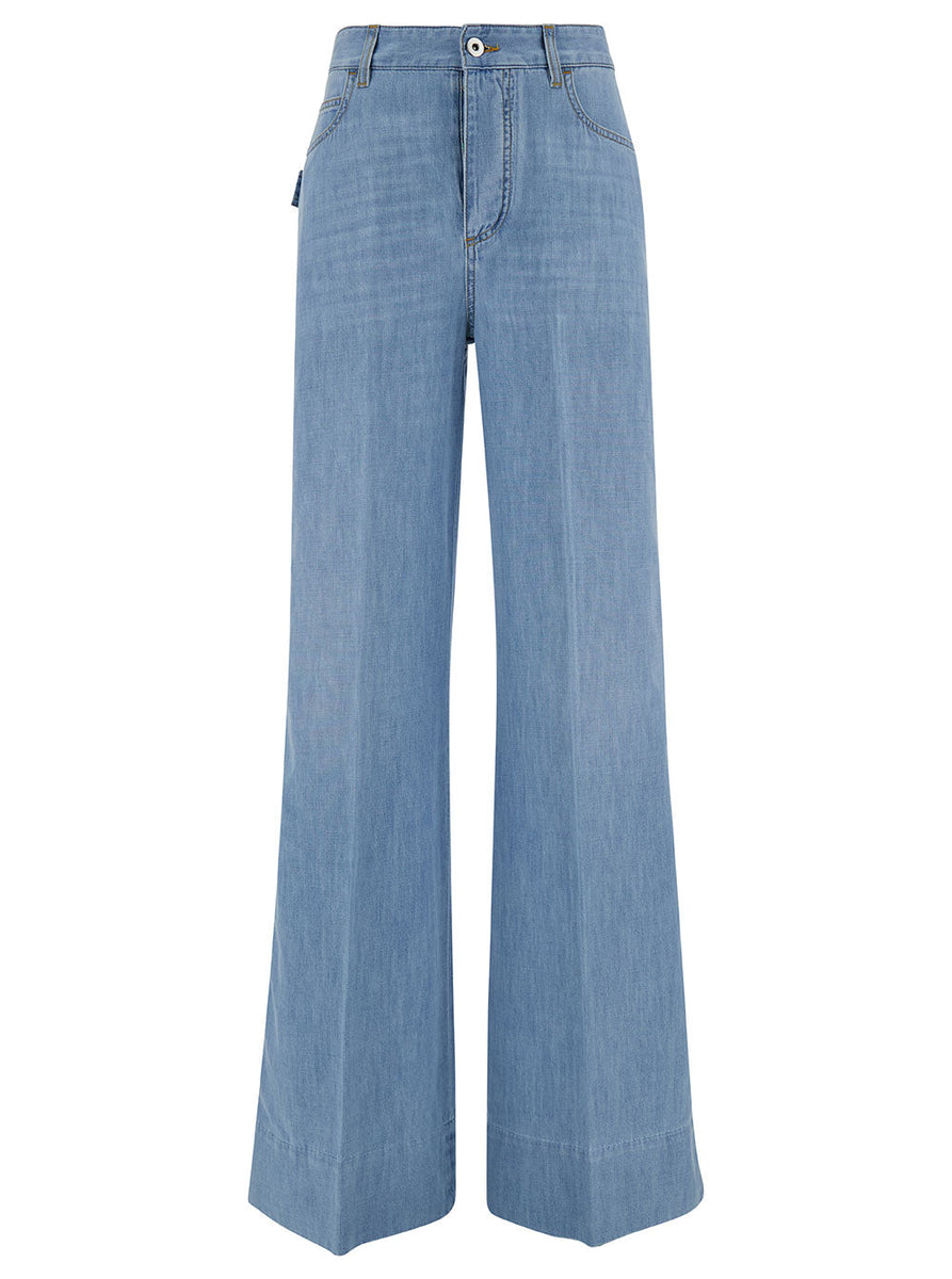 Bottega Veneta Women Light Blue Wide Jeans With Logo Patch In Cotton Denim Woman