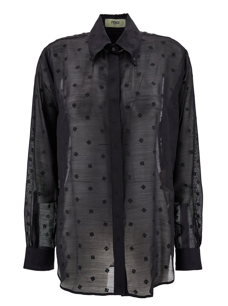 Fendi Women Black Shirt With Ff Logo Embroideries In Silk And Wool Woman