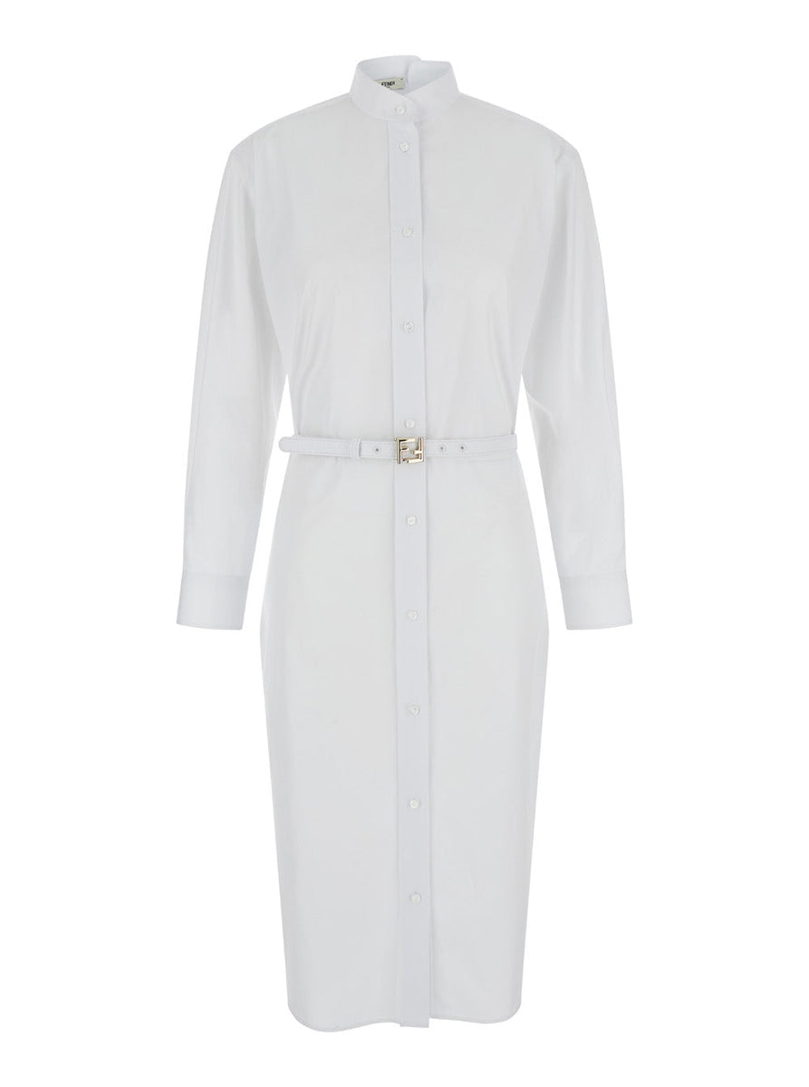 Fendi Women White Long Chemisier Dress In Cotton Woman