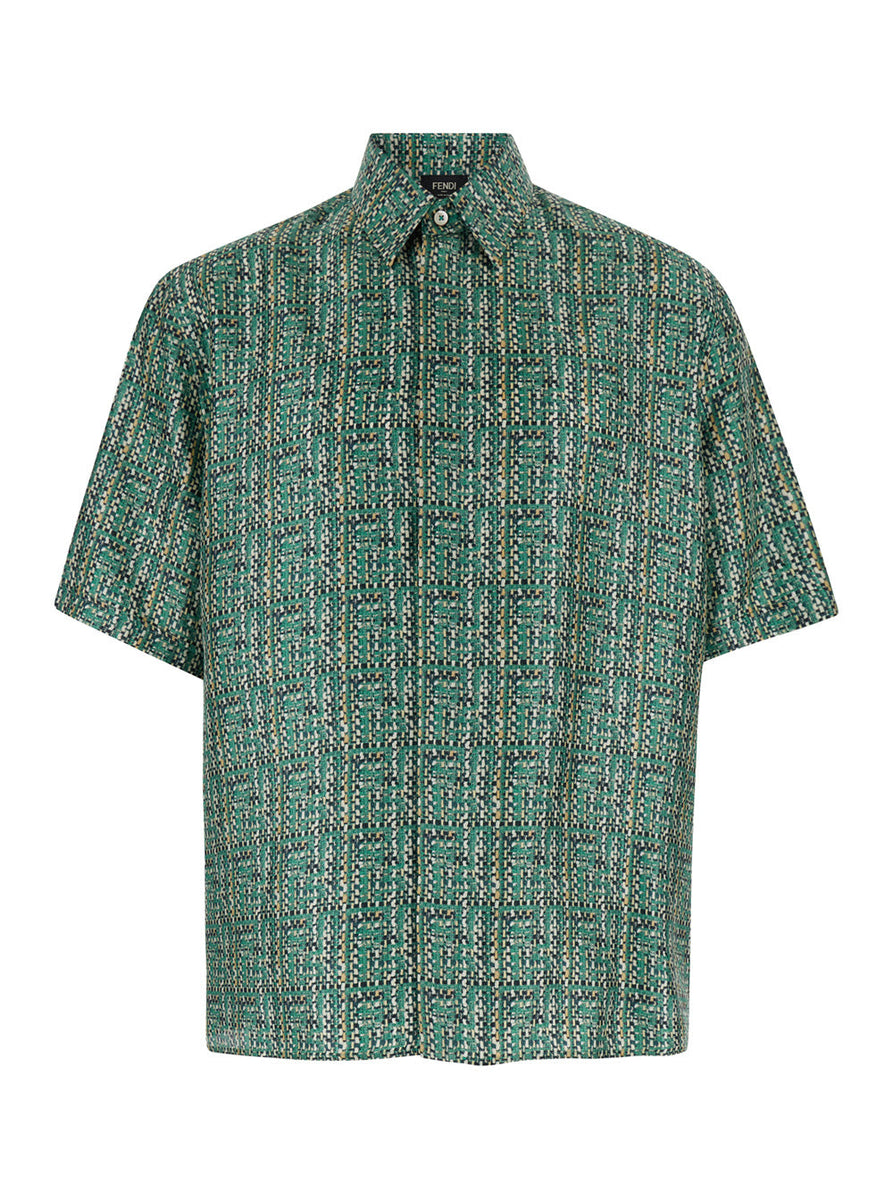 Fendi Men Green Shirt With Ff Print In Linen Man