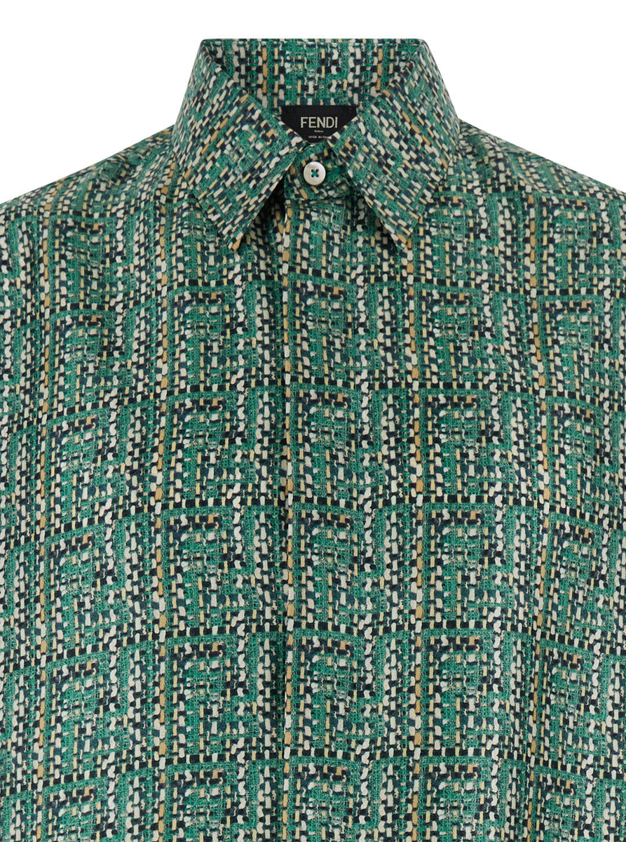 Fendi Men Green Shirt With Ff Print In Linen Man