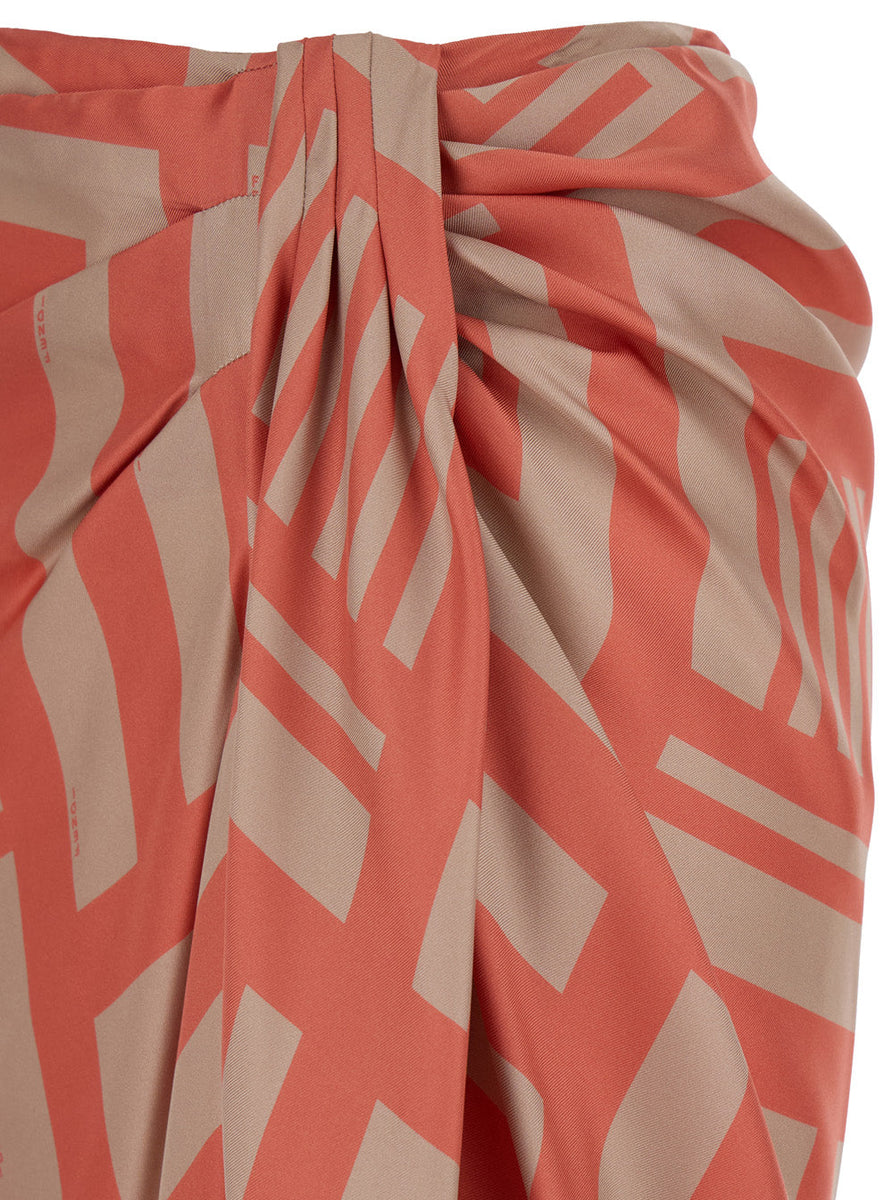 Fendi Women Midi Orange Skirt With Knot And Fendi Labyrinth Motif In Silk Woman
