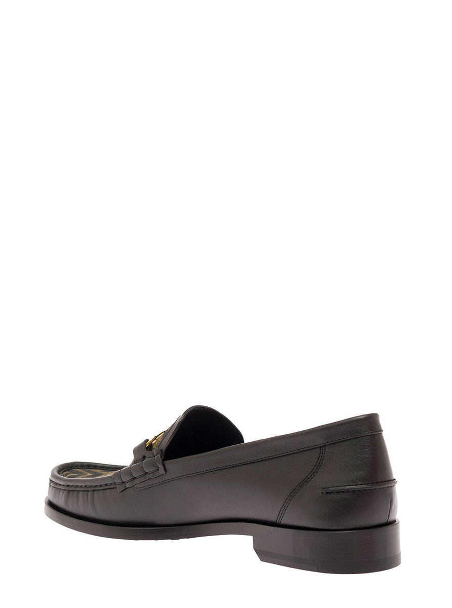Fendi Men Black Loafers With Ff Logo Plaque And All-Over Ff Motif In Leather Man