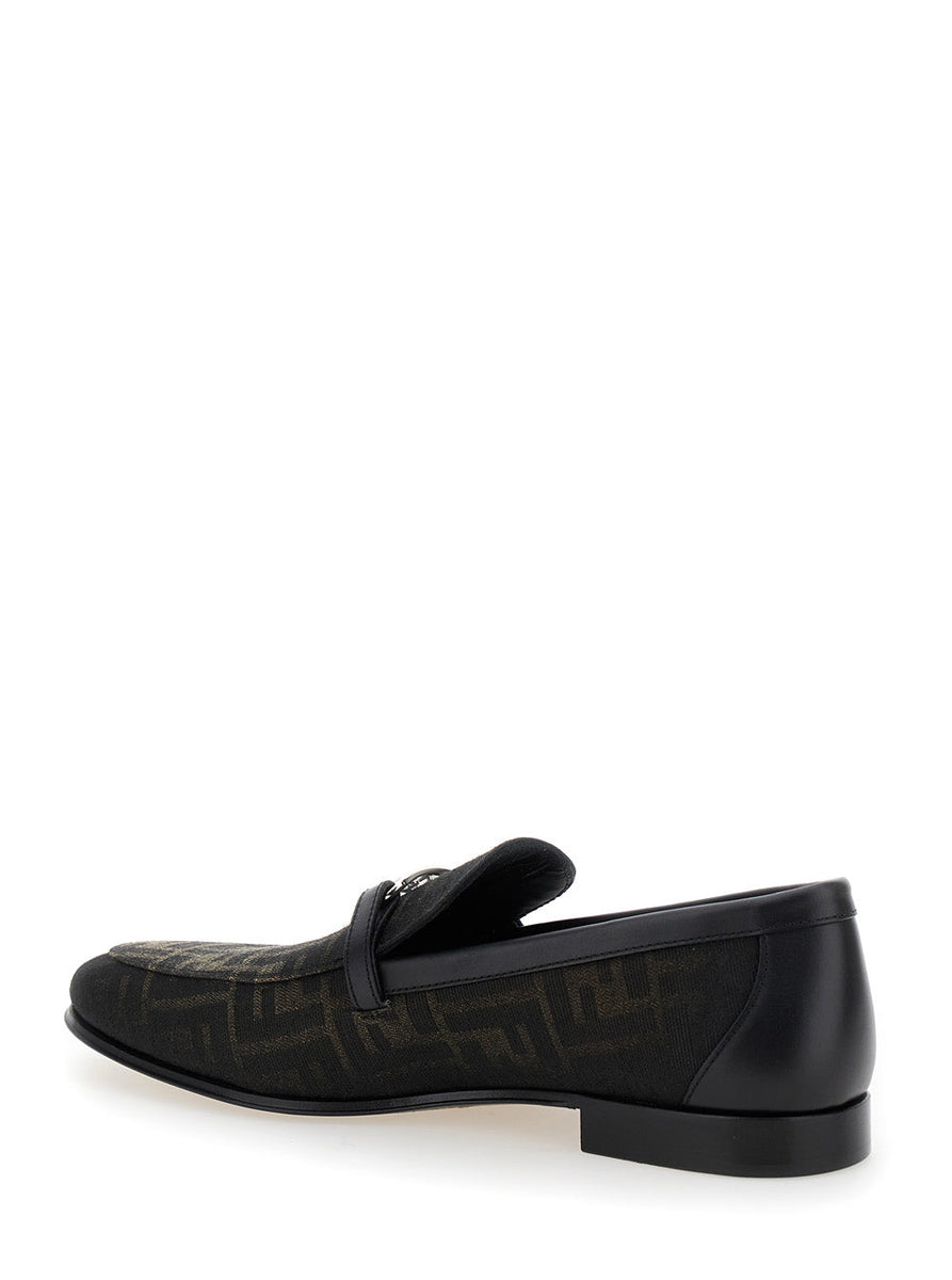 Fendi Men 'O Lock' Brown Loafers With Logo Plaque Detai And All-Over Ff Motif In Tech Fabric Man