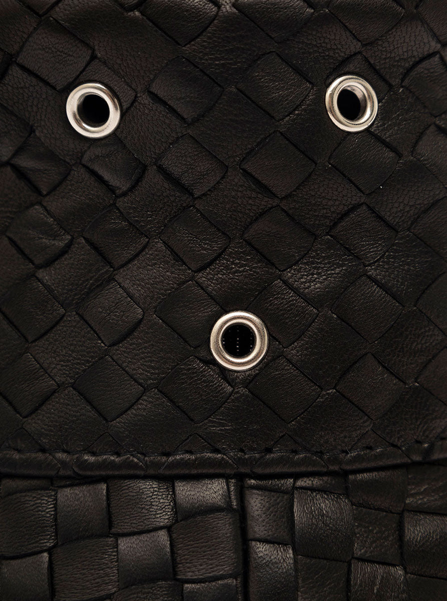 Bottega Veneta Men Black Bucket Hat With Metal Eyelets And Intreccio Motif In Leather Man
