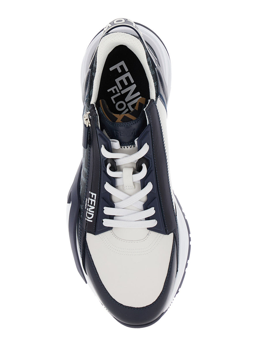 Fendi Men 'Fendi Flow' Blue And White Sneakers With Logo Print In Ff Jacquard And Leather Man