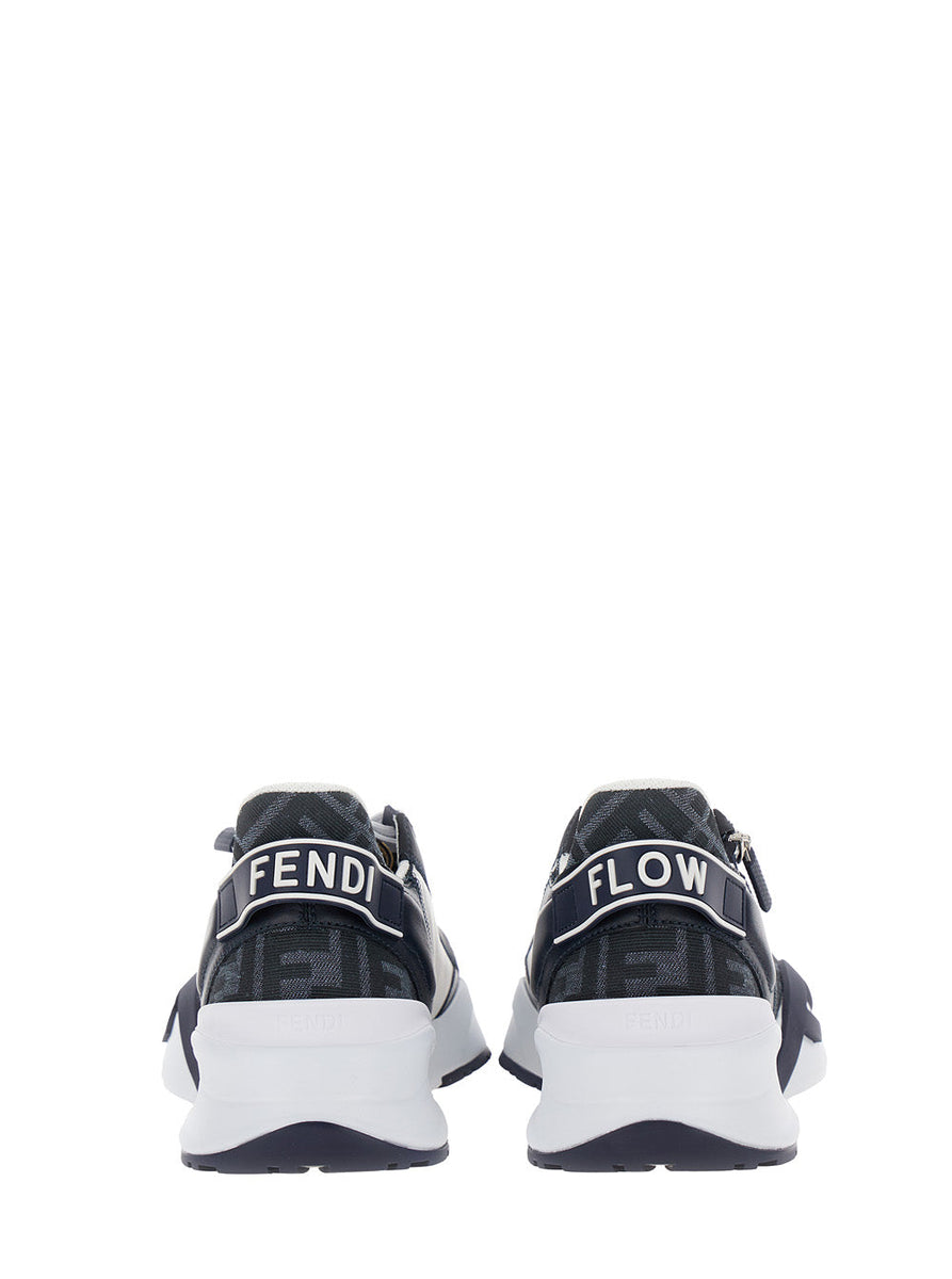 Fendi Men 'Fendi Flow' Blue And White Sneakers With Logo Print In Ff Jacquard And Leather Man