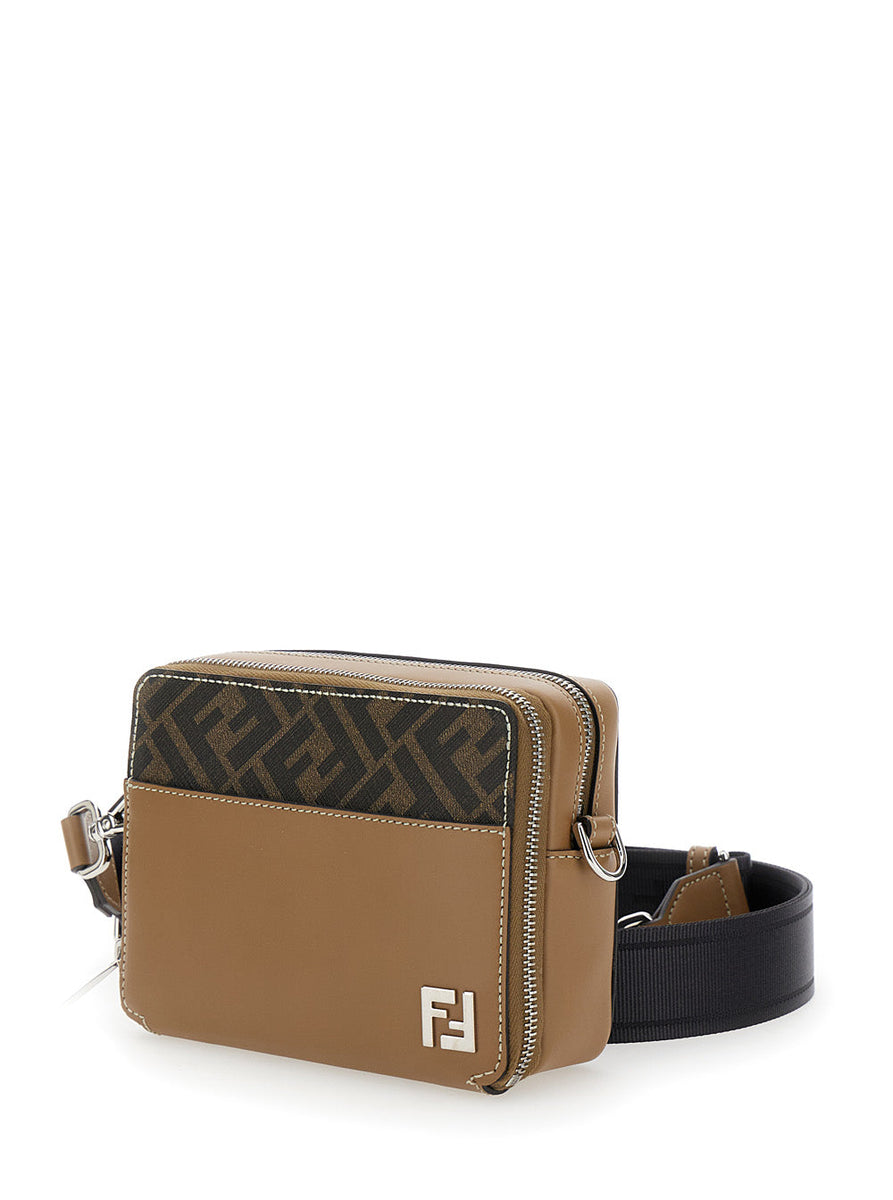 Fendi Men 'Camera Case Organizer' Beige And Brown Crossbody Bag With Ff Motif In Leather And Canvas Man