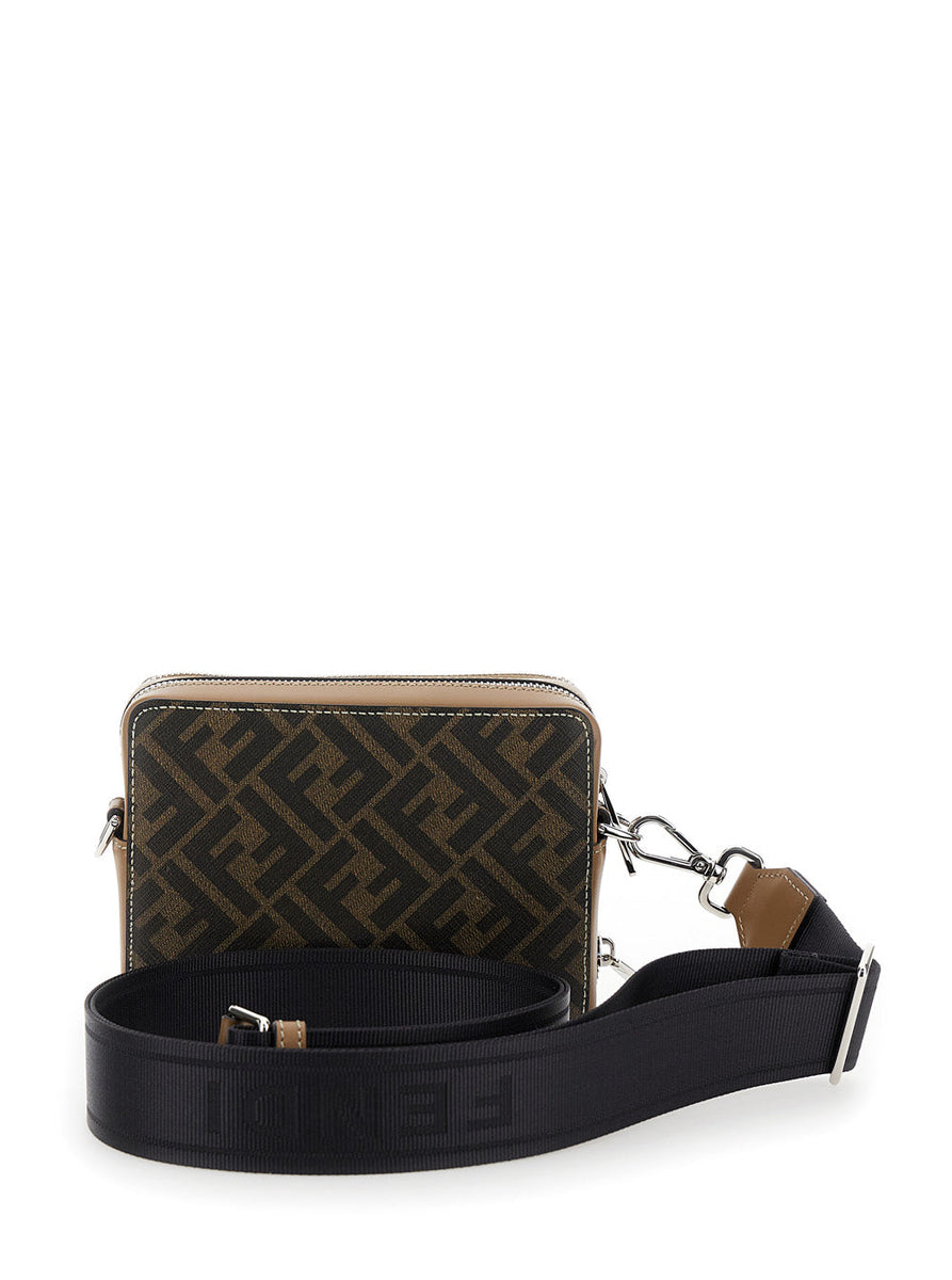 Fendi Men 'Camera Case Organizer' Beige And Brown Crossbody Bag With Ff Motif In Leather And Canvas Man