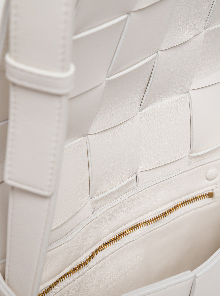 Bottega Veneta Women Cassette White Leather Crossbody Bag In Intreccio Nappa Leather