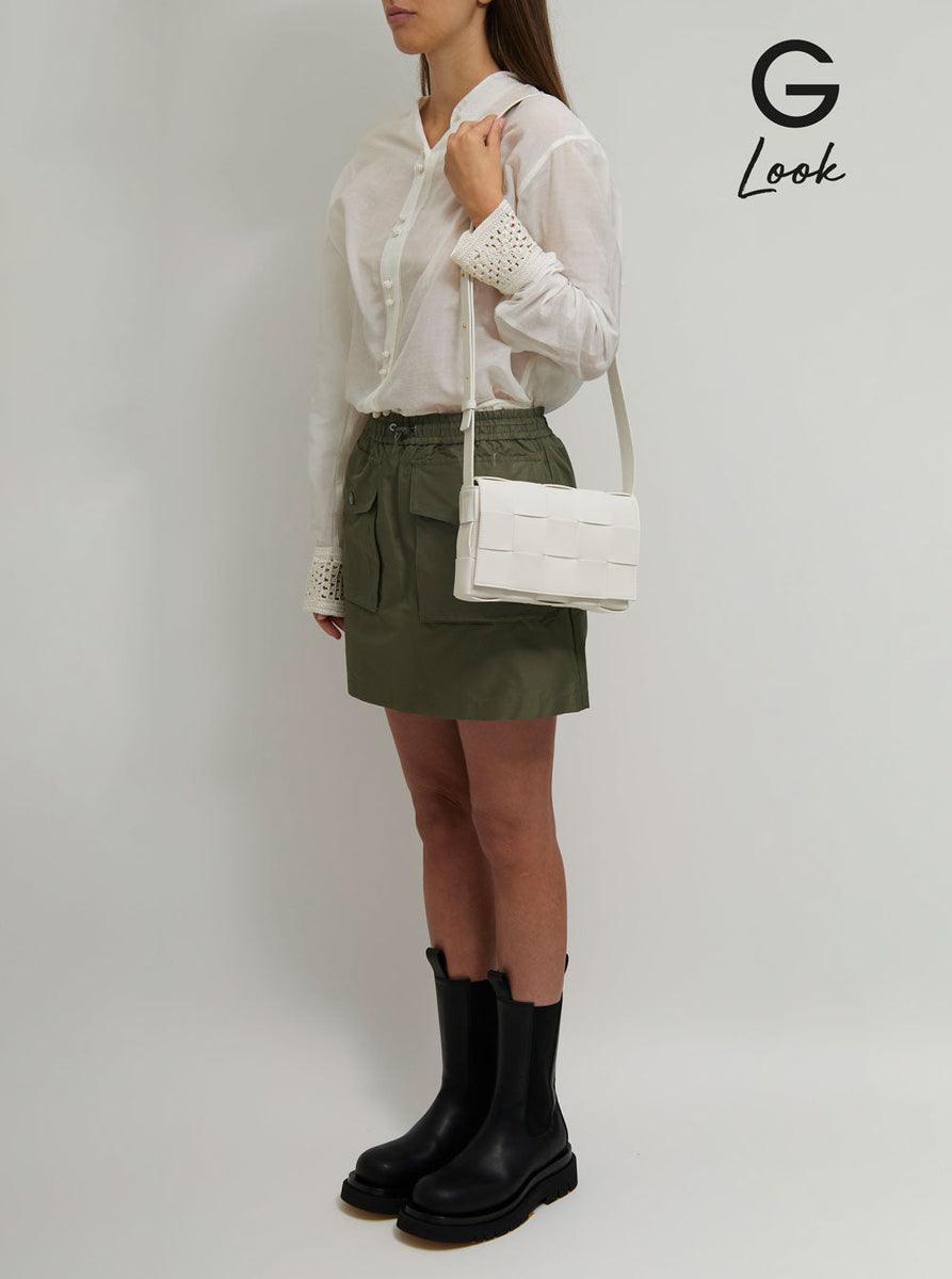 Bottega Veneta Women Cassette White Leather Crossbody Bag In Intreccio Nappa Leather