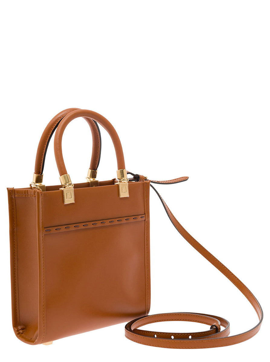Fendi Women 'Sunshine' Mini Brown Tote Bag With Hot-Stamped Logo In Leather Woman